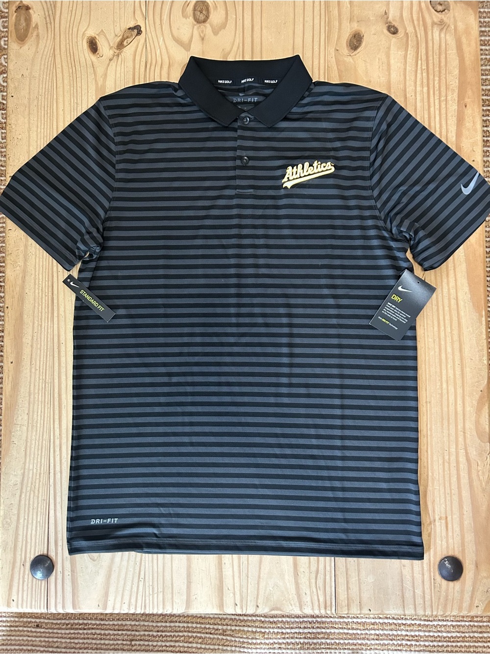 Nike Golf Black and Charcoal Striped Men's Polo with Athletics Script